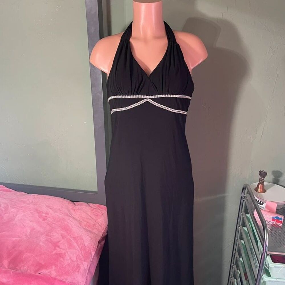 Y2K Vampy Goth Dave & Johnny Black Rhinestone Open Back Halter Dress 7/8